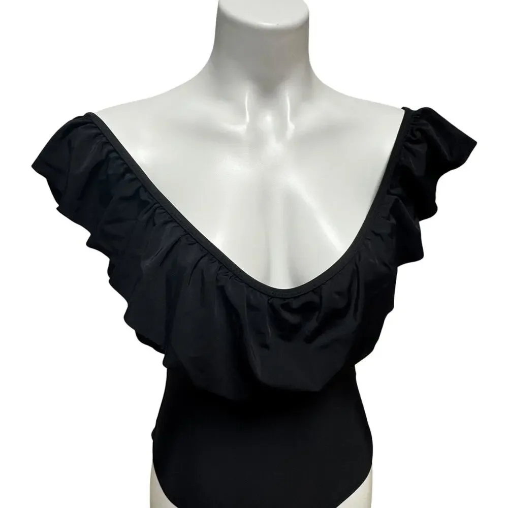 Altar'd State Ruffle Lace Up One Piece Swimsuit Black Small